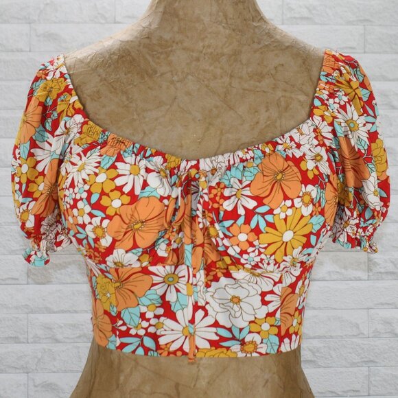 SO Top Cropped Floral Crop Top Summer Coastal Cowgirl Puff Sleeves Orange Small - Picture 1 of 12
